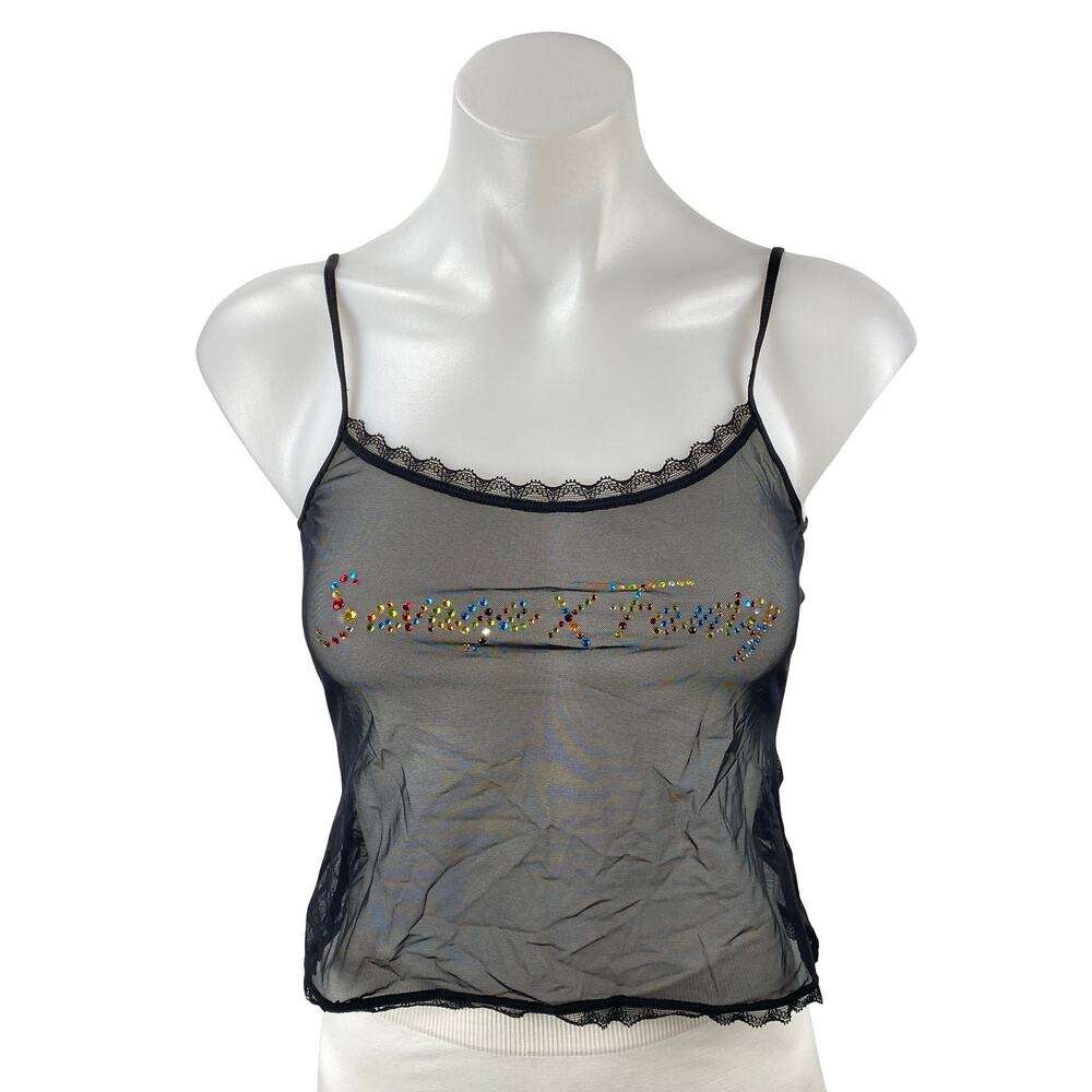 Savage x Fenty Black Rhinestone Logo Lace Sheer Mesh Cami Tank Crop Top Size XS